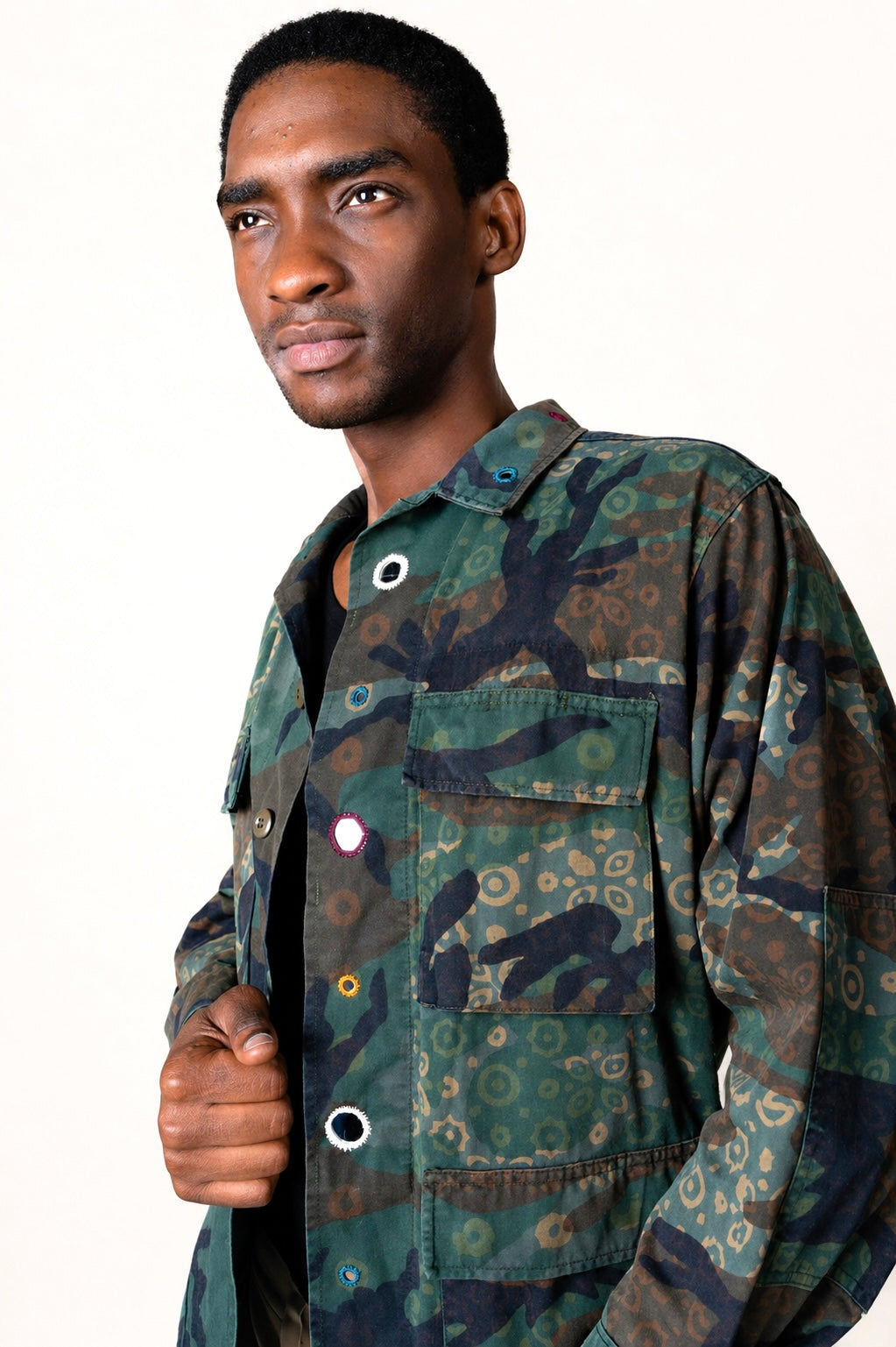 Handmade Indigo dye vintage army jacket with Traditional Kutch Block Print and Rabari mirror embroidery
