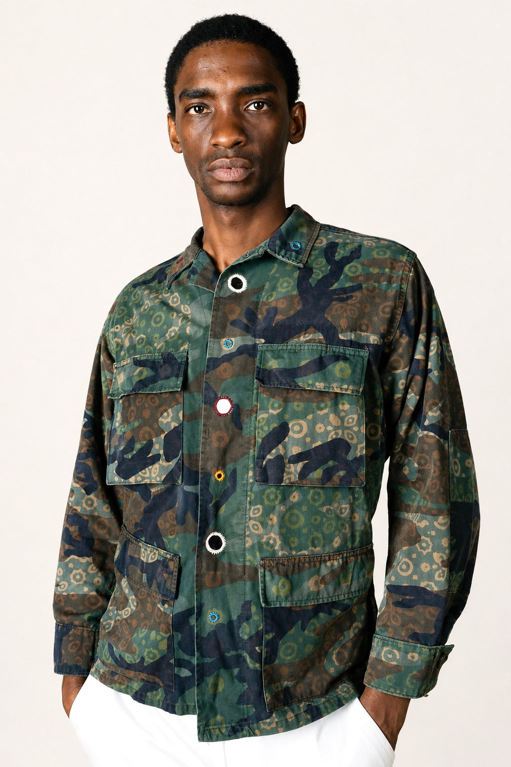 Handmade Indigo dye vintage army jacket with Traditional Kutch Block Print and Rabari mirror embroidery