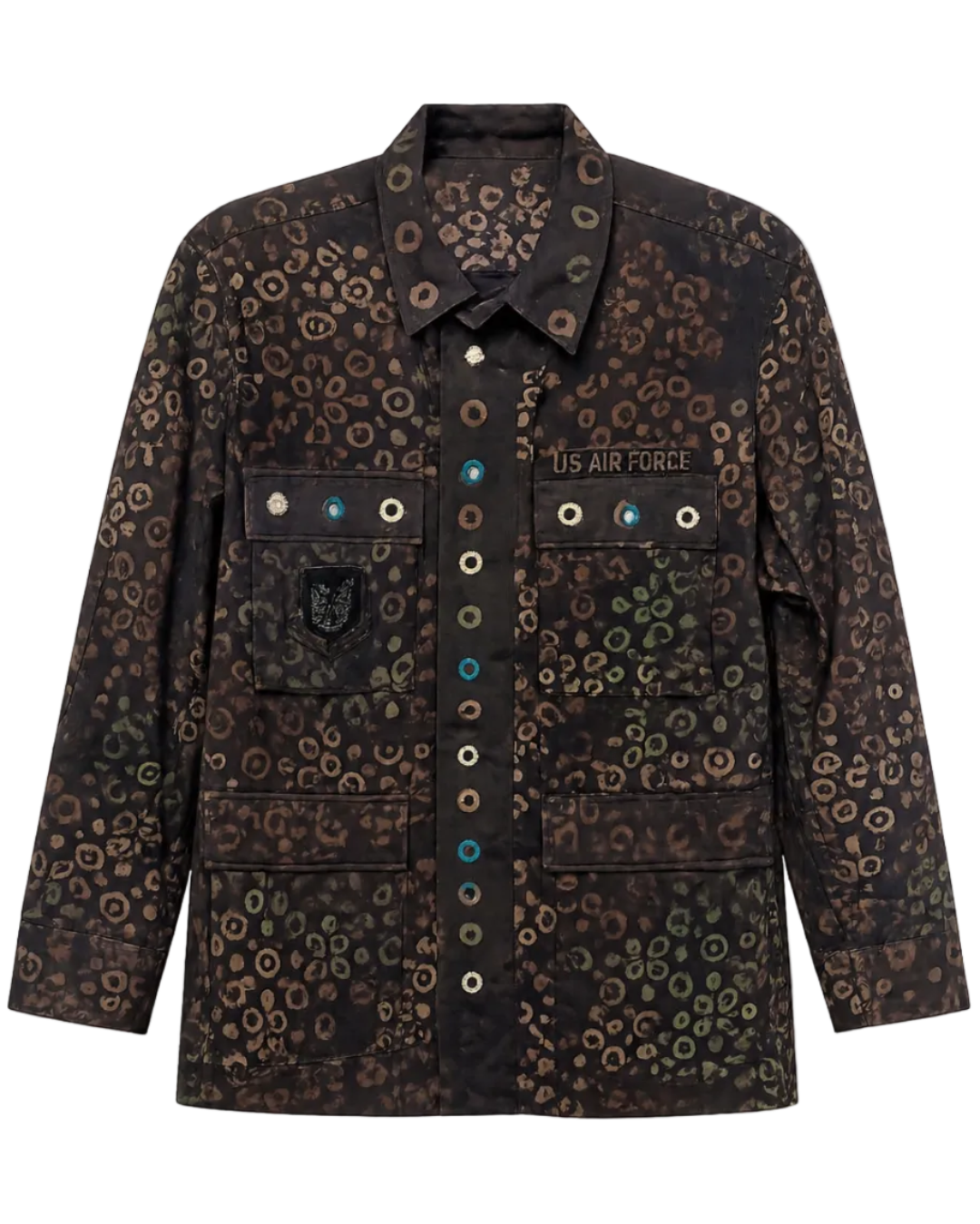 One-of-one vintage army jacket featuring tonal camouflage, natural iron dye process, and artisan mirror embroidery