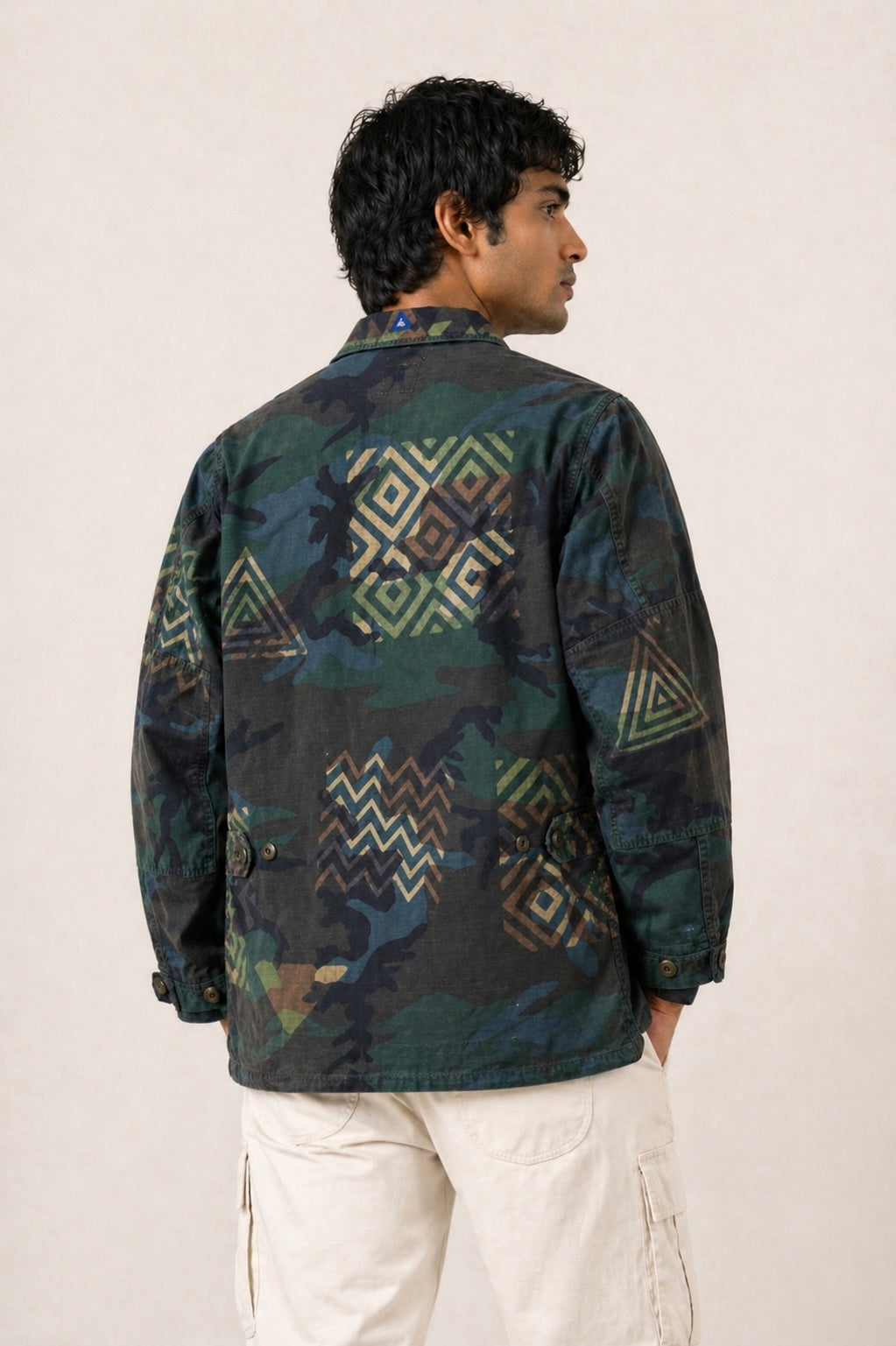 Handmade Indigo dye vintage army jacket with Traditional Kutch Block Print and Rabari mirror embroidery