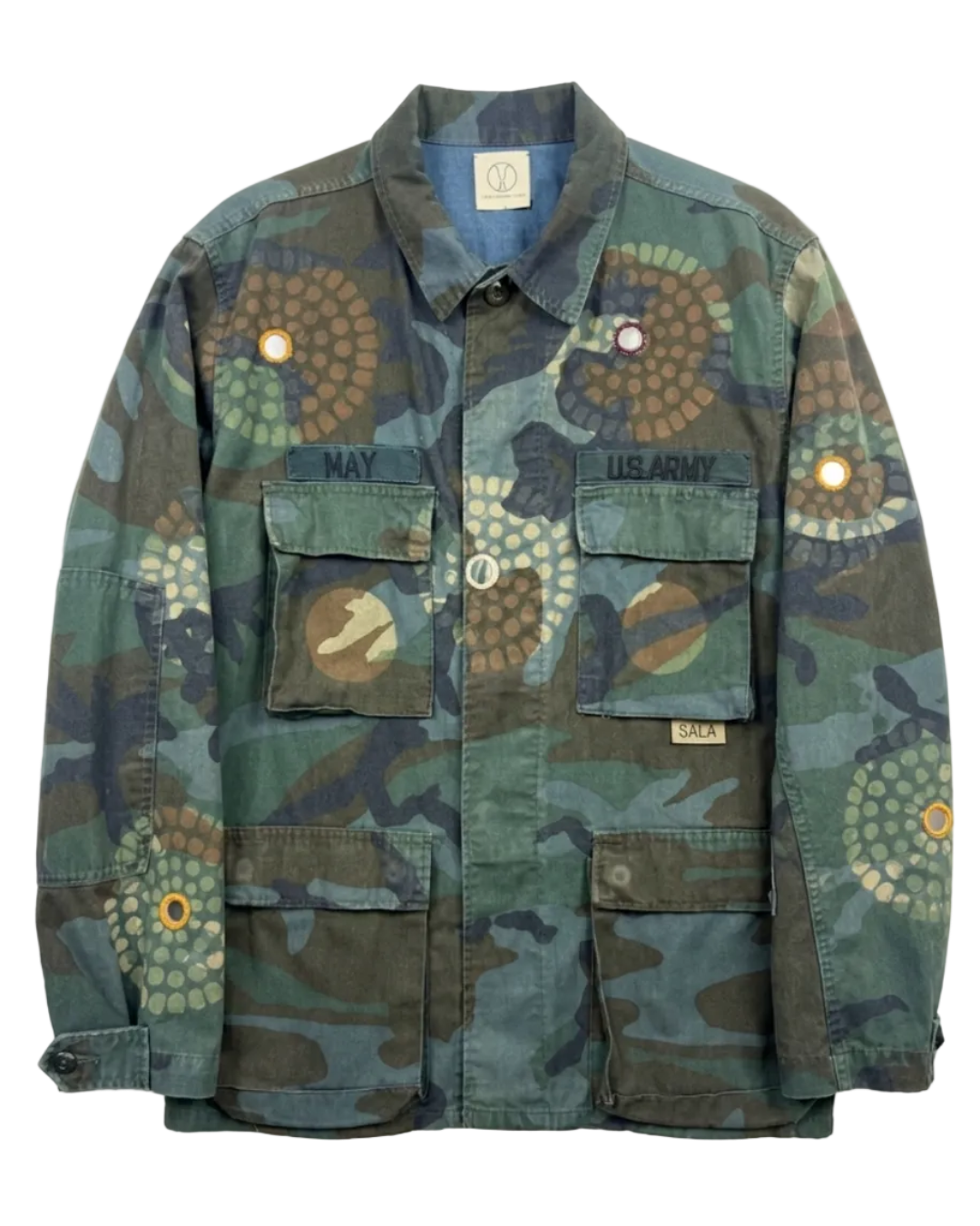 Handmade Indigo dye vintage army jacket with Traditional Kutch Block Print and Rabari mirror embroidery
