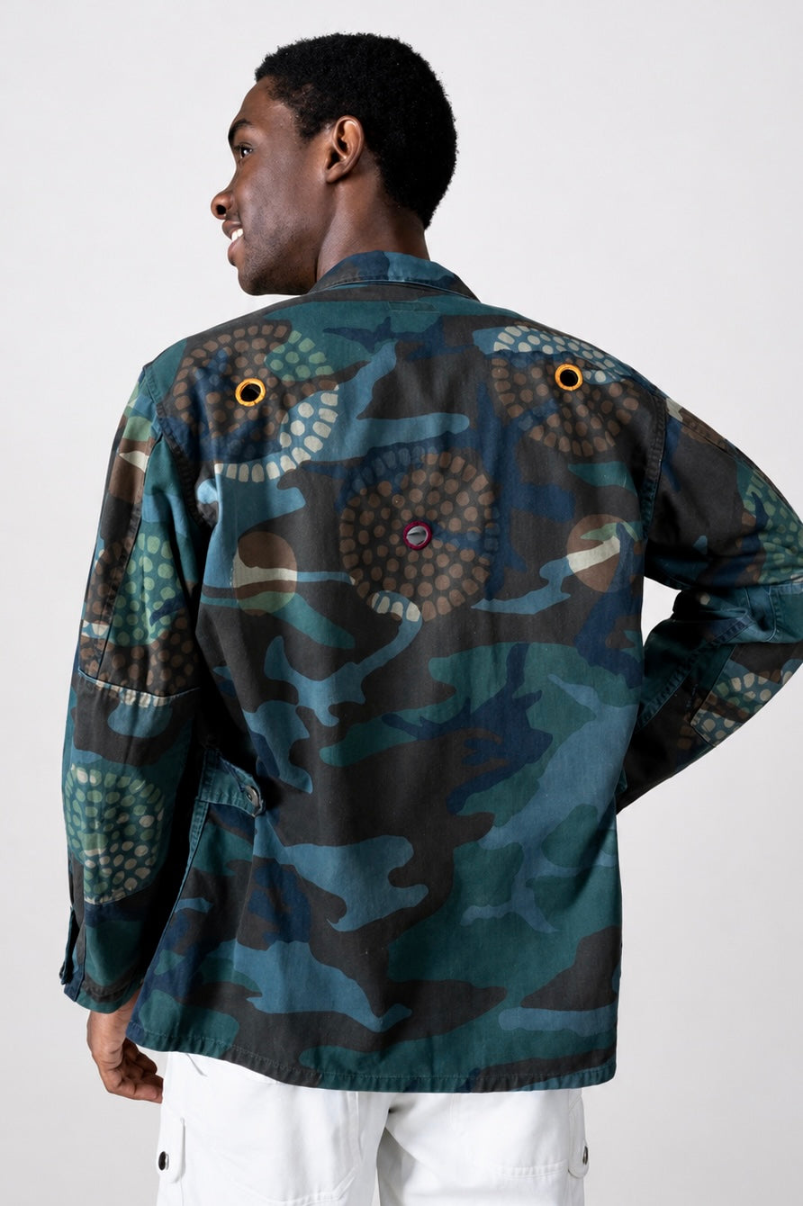 Handmade Indigo dye vintage army jacket with Traditional Kutch Block Print and Rabari mirror embroidery