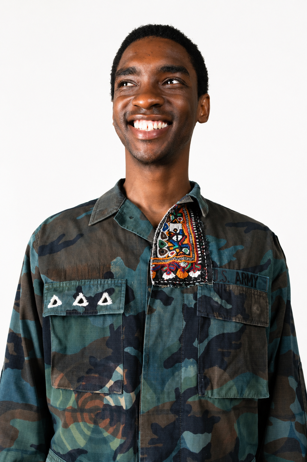 Handmade Indigo dye vintage army jacket with Traditional Kutch Block Print and Rabari mirror embroidery