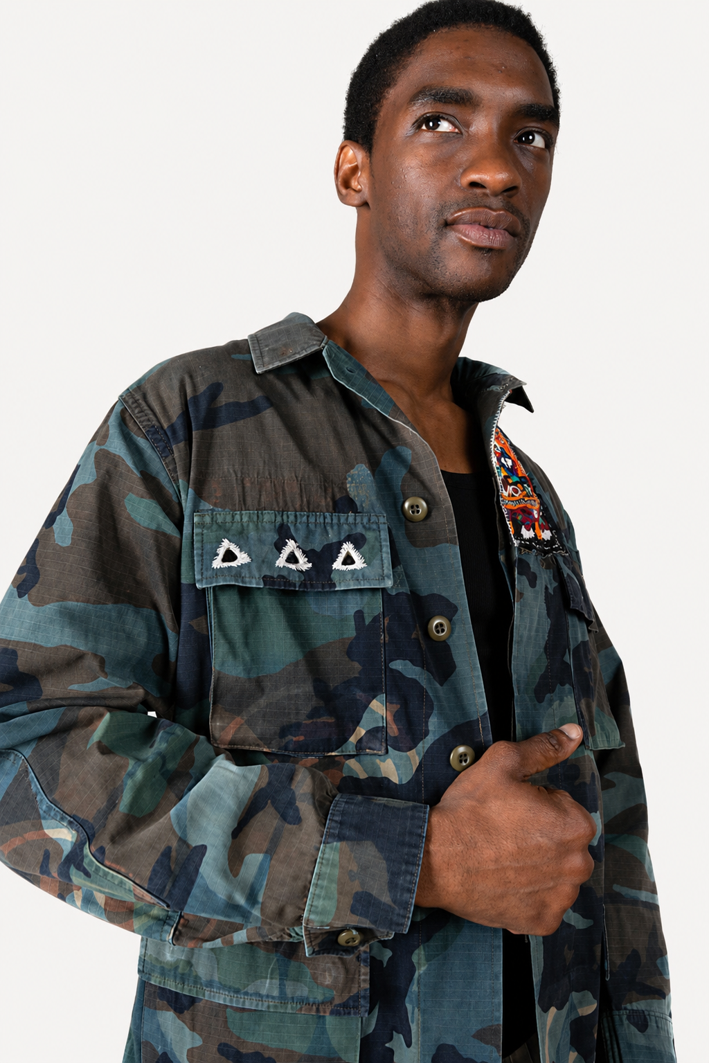 Handmade Indigo dye vintage army jacket with Traditional Kutch Block Print and Rabari mirror embroidery