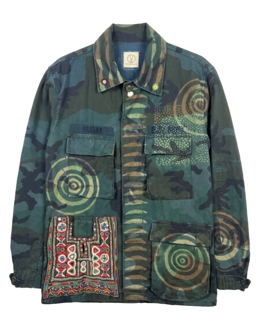 Handmade Indigo dye vintage army jacket with Traditional Kutch Block Print and Rabari mirror embroidery