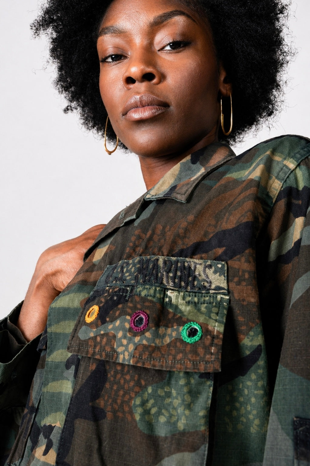 Handmade Indigo dye vintage army jacket with Traditional Kutch Block Print and Rabari mirror embroidery