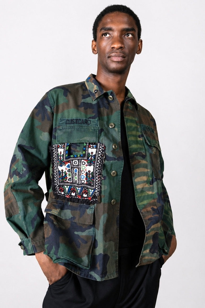 Handmade Indigo dye vintage army jacket with Traditional Kutch Block Print and Rabari mirror embroidery