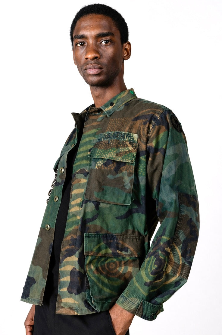 Handmade Indigo dye vintage army jacket with Traditional Kutch Block Print and Rabari mirror embroidery