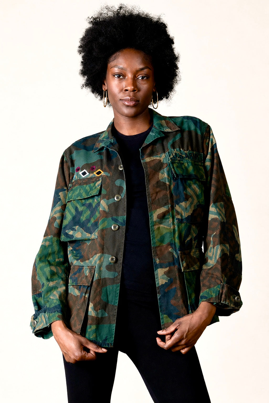 Handmade Indigo dye vintage army jacket with Traditional Kutch Block Print and Rabari mirror embroidery