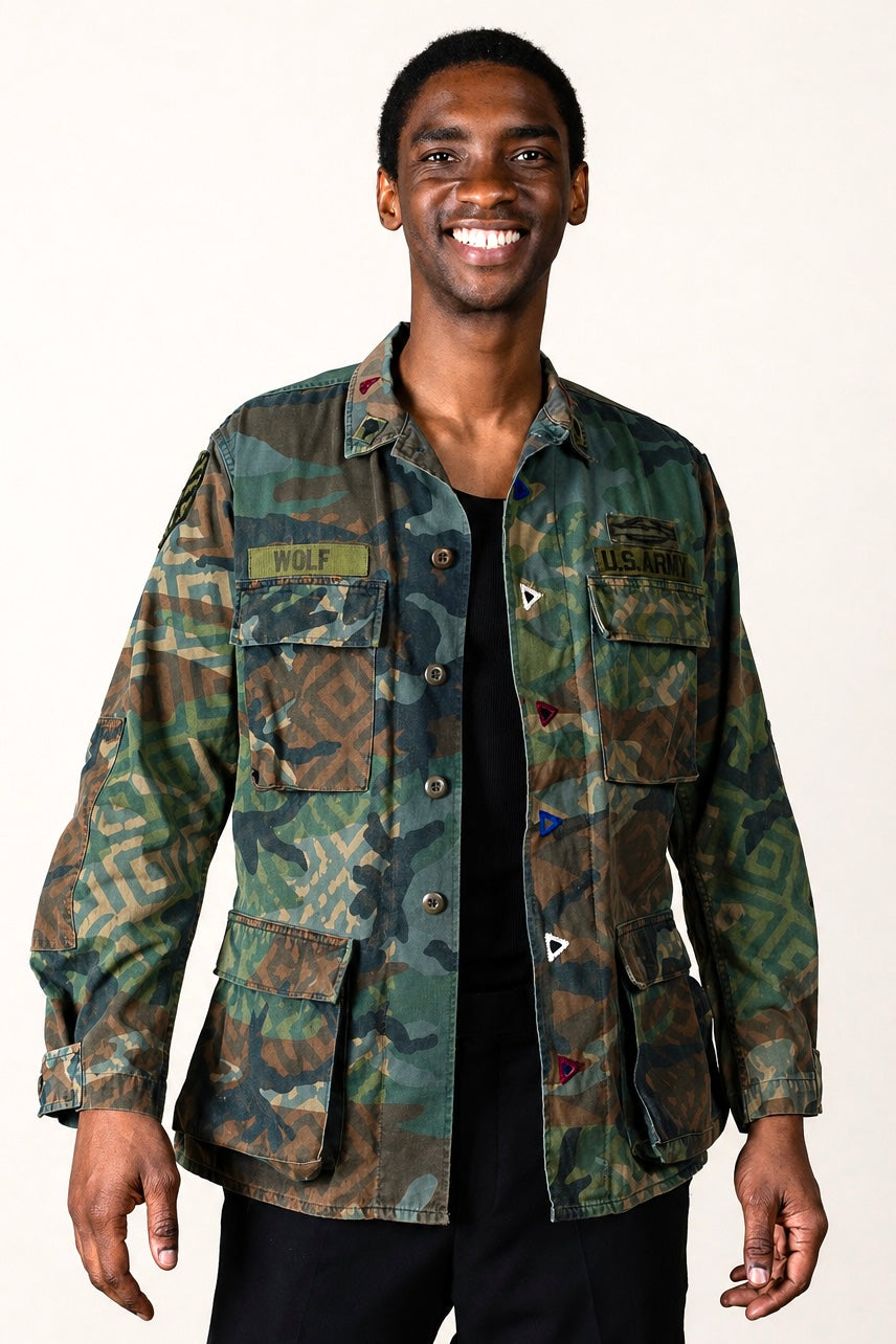 Handmade Indigo dye vintage army jacket with Traditional Kutch Block Print and Rabari mirror embroidery