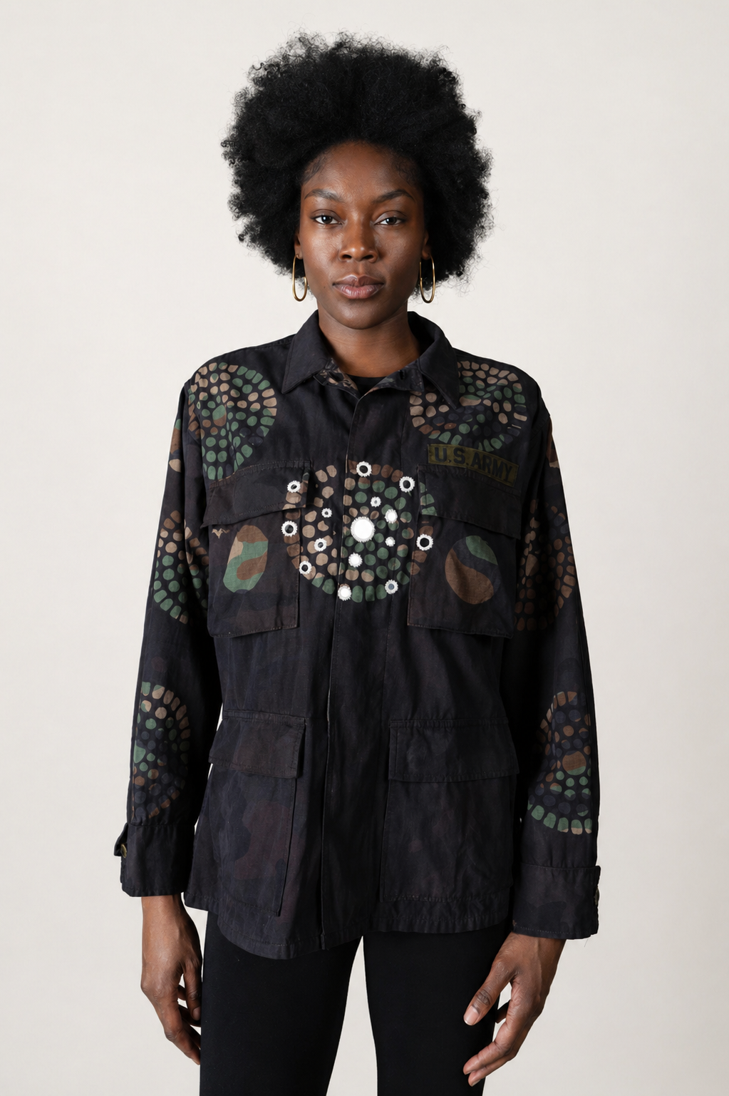 Exclusive handmade vintage army jacket with natural dye, Kutch block print, and mirror embroidery