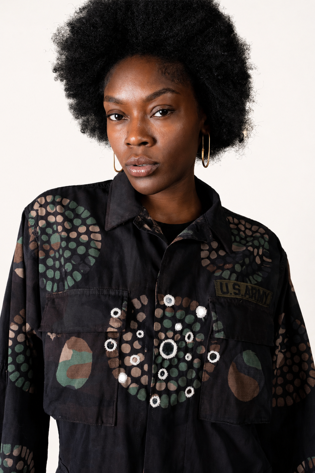 Exclusive handmade vintage army jacket with natural dye, Kutch block print, and mirror embroidery