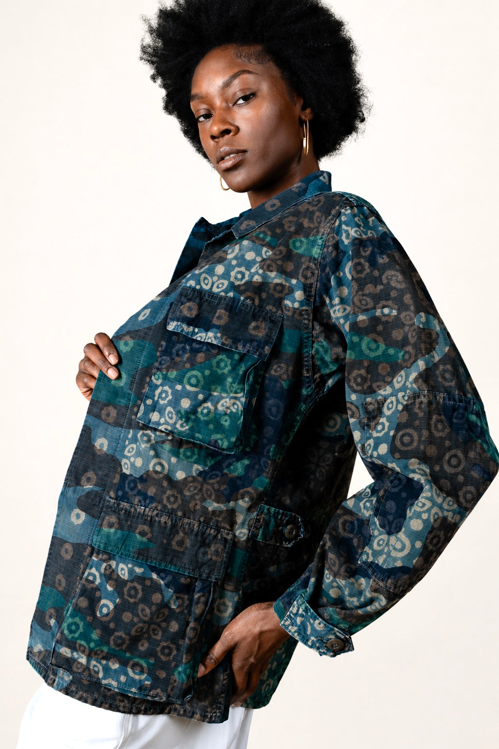 Handmade Indigo dye vintage army jacket with Traditional Kutch Block Print and Rabari mirror embroidery