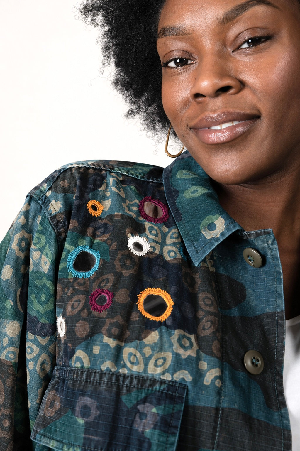 Handmade Indigo dye vintage army jacket with Traditional Kutch Block Print and Rabari mirror embroidery