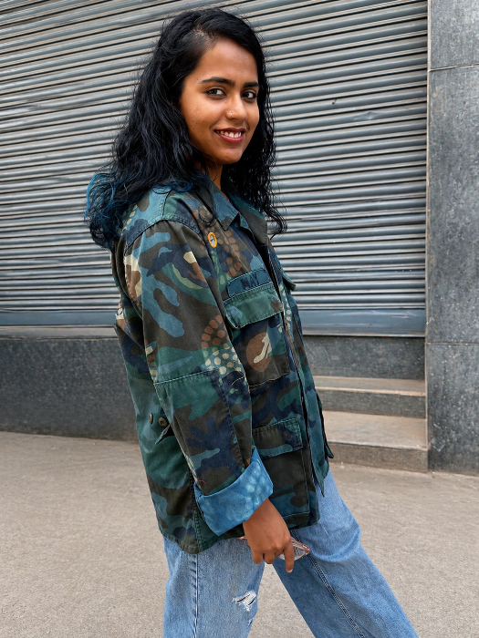 Exclusive handmade vintage army jacket with natural dye, Kutch block print, and mirror embroidery