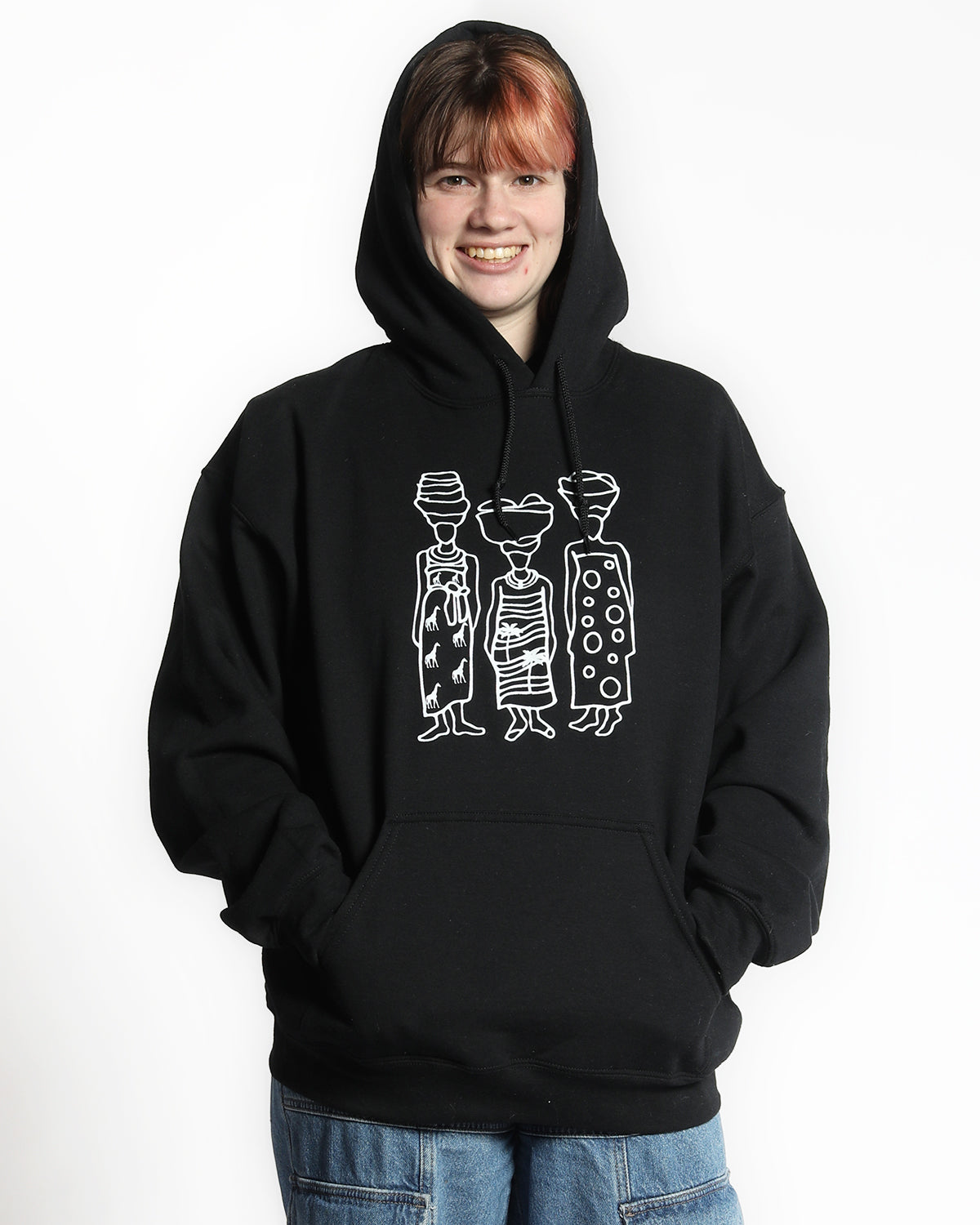 White african figure print on black hoodie