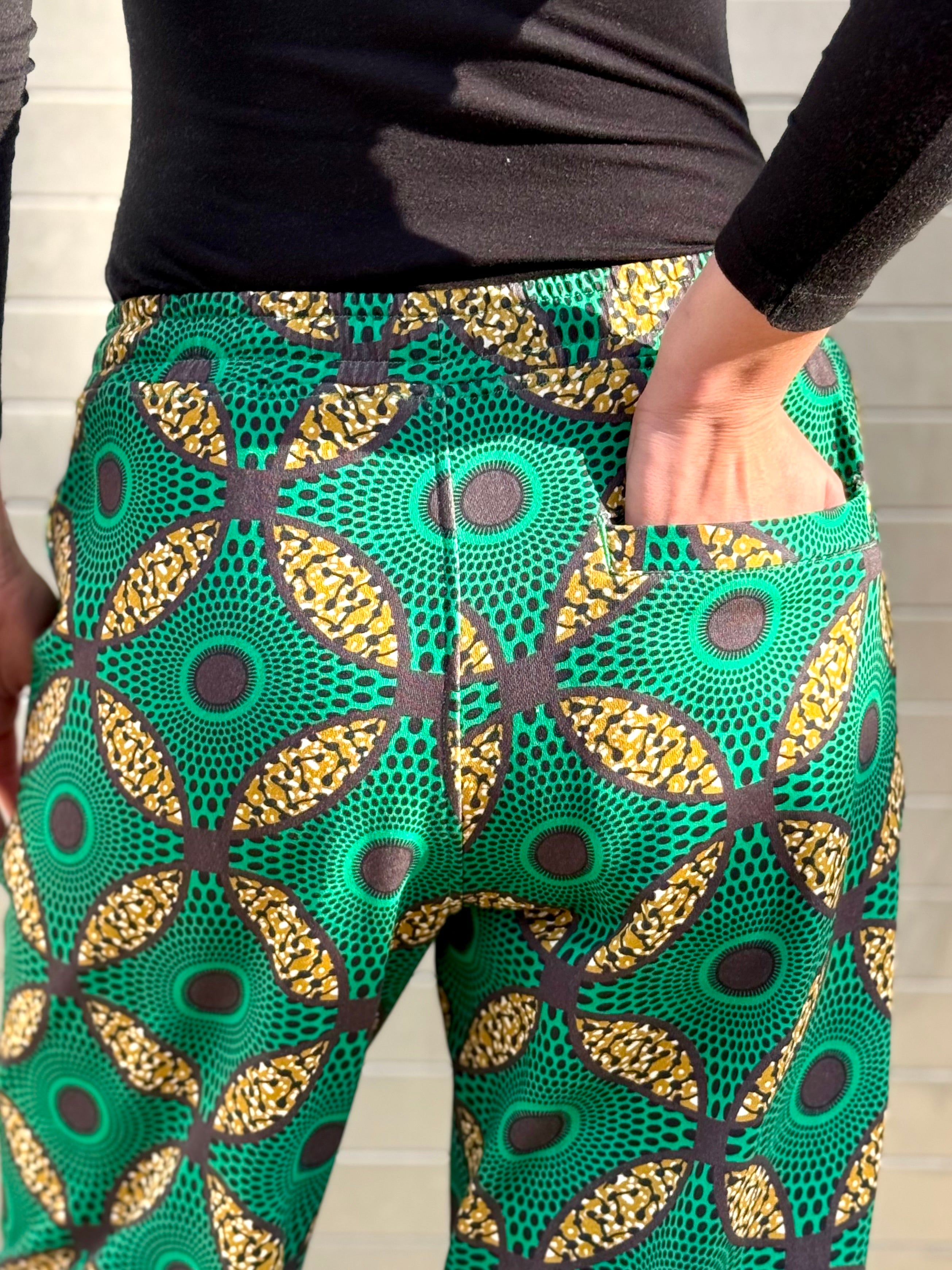 Back pocket detail of the Ìmọ̀lẹ̀ Green Sweat Pants by Lola Faturoti Loves, emphasizing craftsmanship, sustainability, and small-batch ethical production.