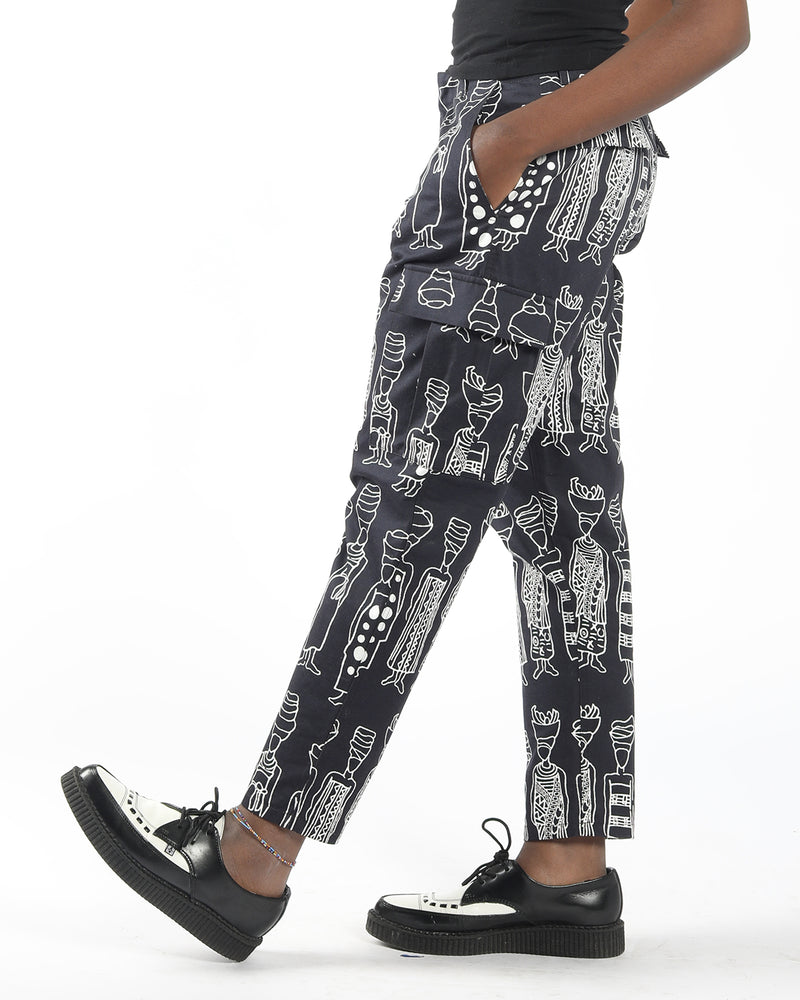 sustainable black and white contemporary Afrocentric bold print cargo pants