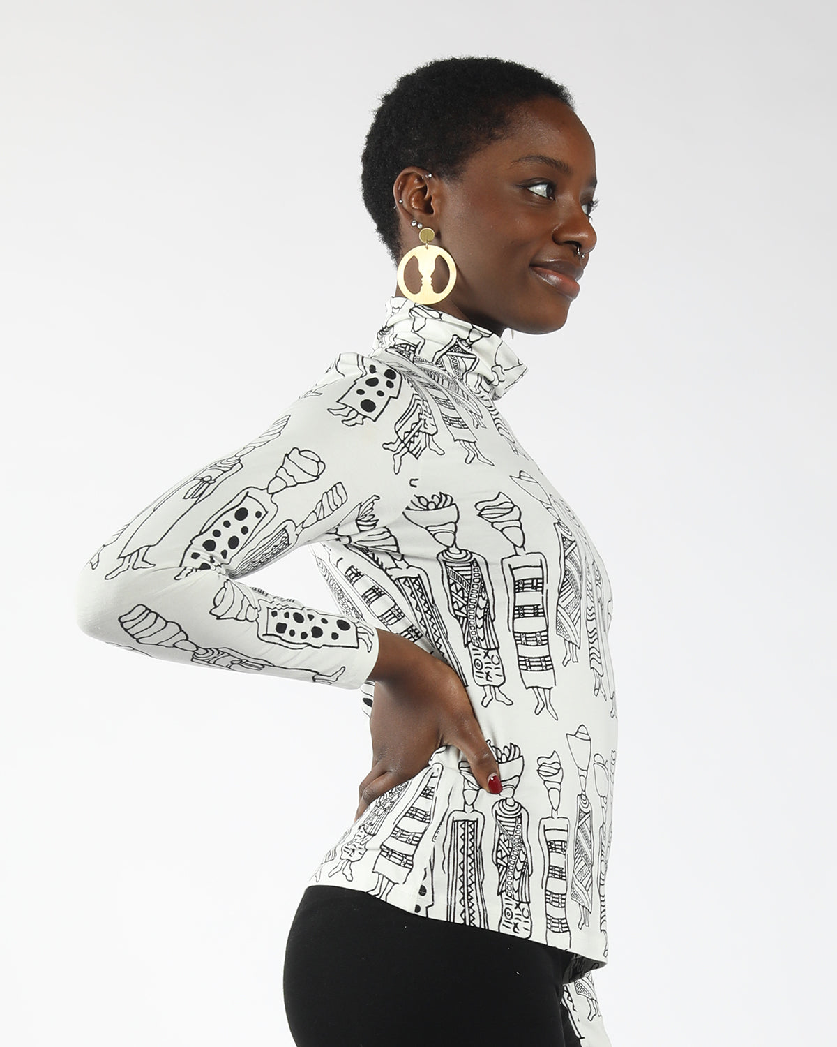 white long sleeve turtleneck  with women print motif