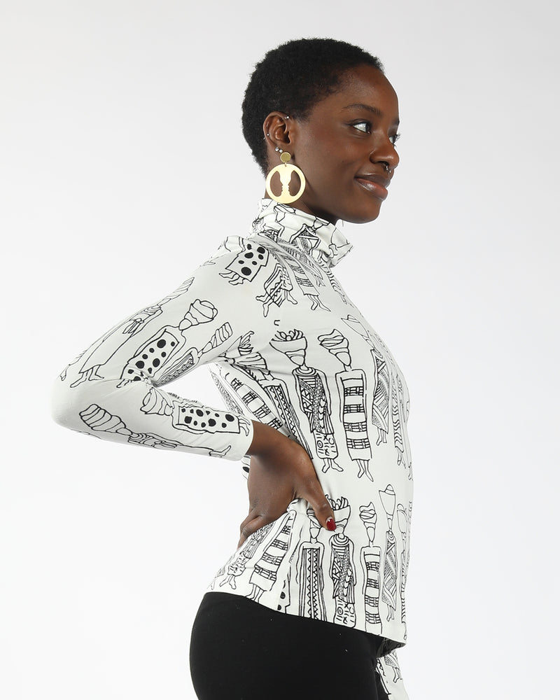 white long sleeve turtleneck  with women print motif