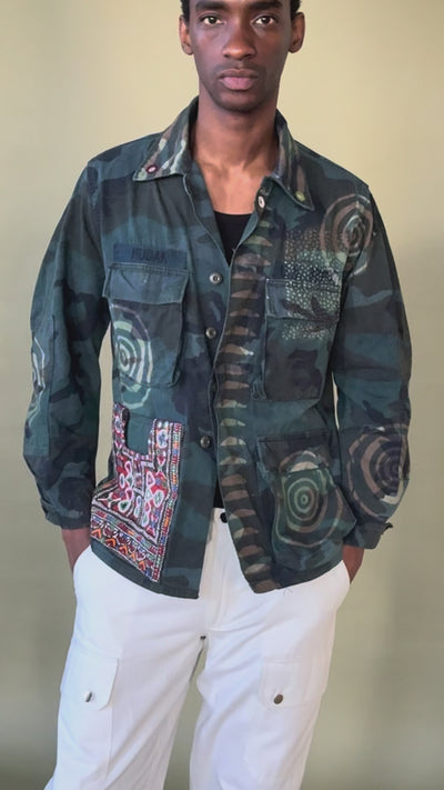 Exclusive handmade vintage army jacket with natural dye, Kutch block print, and mirror embroidery