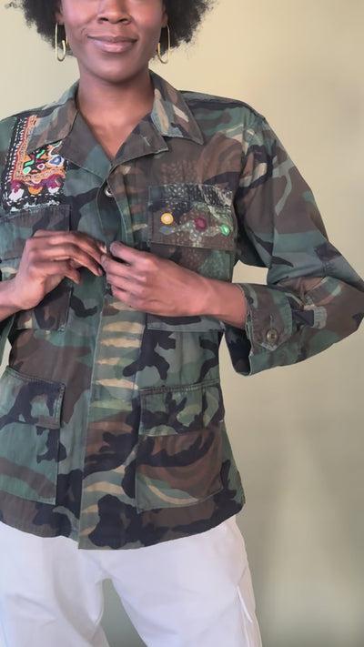 Exclusive handmade vintage army jacket with natural dye, Kutch block print, and mirror embroidery
