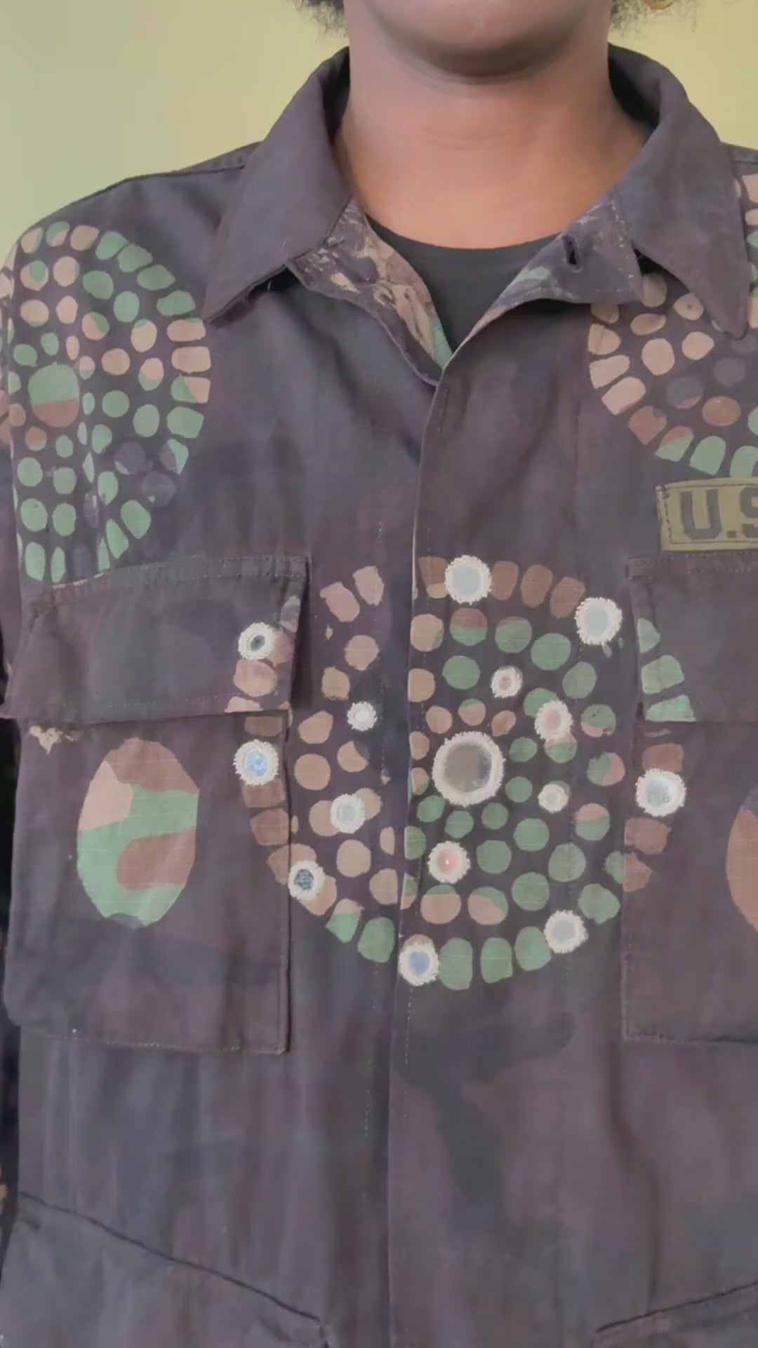 Exclusive handmade vintage army jacket with natural dye, Kutch block print, and mirror embroidery