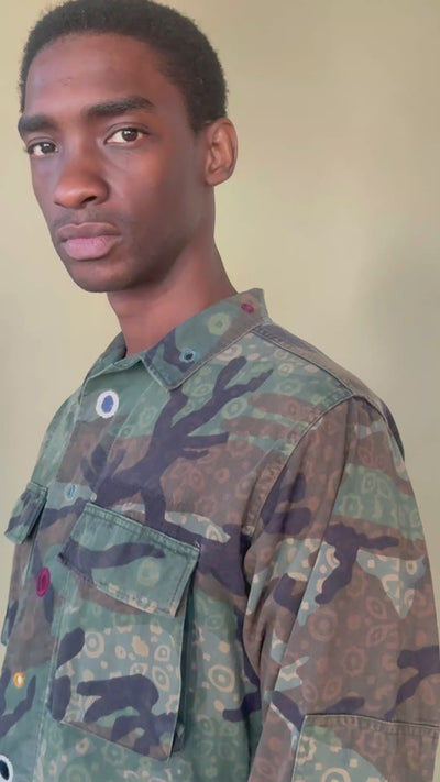 Exclusive handmade vintage army jacket with natural dye, Kutch block print, and mirror embroidery