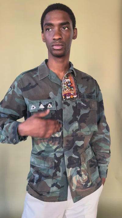 Exclusive handmade vintage army jacket with natural dye, Kutch block print, and mirror embroidery