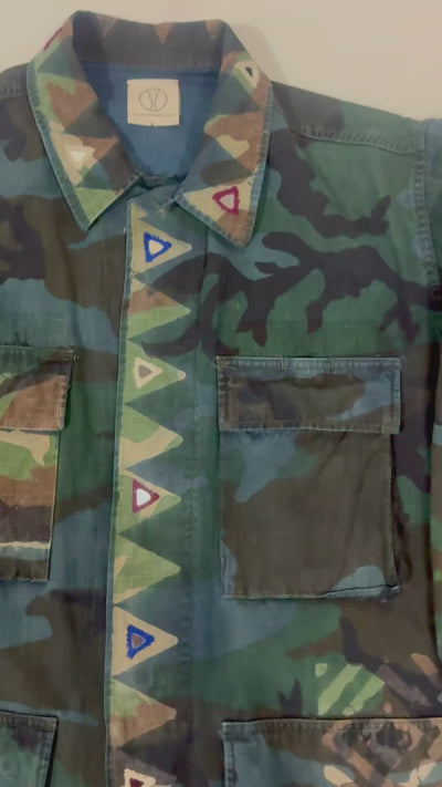 Exclusive handmade vintage army jacket with natural dye, Kutch block print, and mirror embroidery