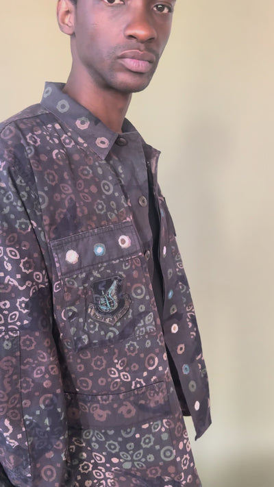Exclusive handmade vintage army jacket with natural dye, Kutch block print, and mirror embroidery