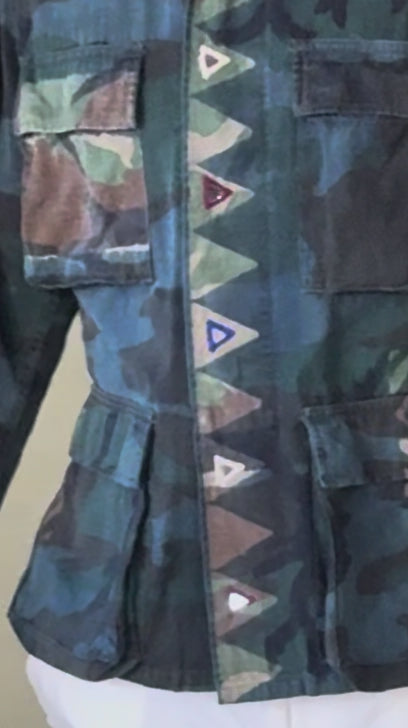 Exclusive handmade vintage army jacket with natural dye, Kutch block print, and mirror embroidery