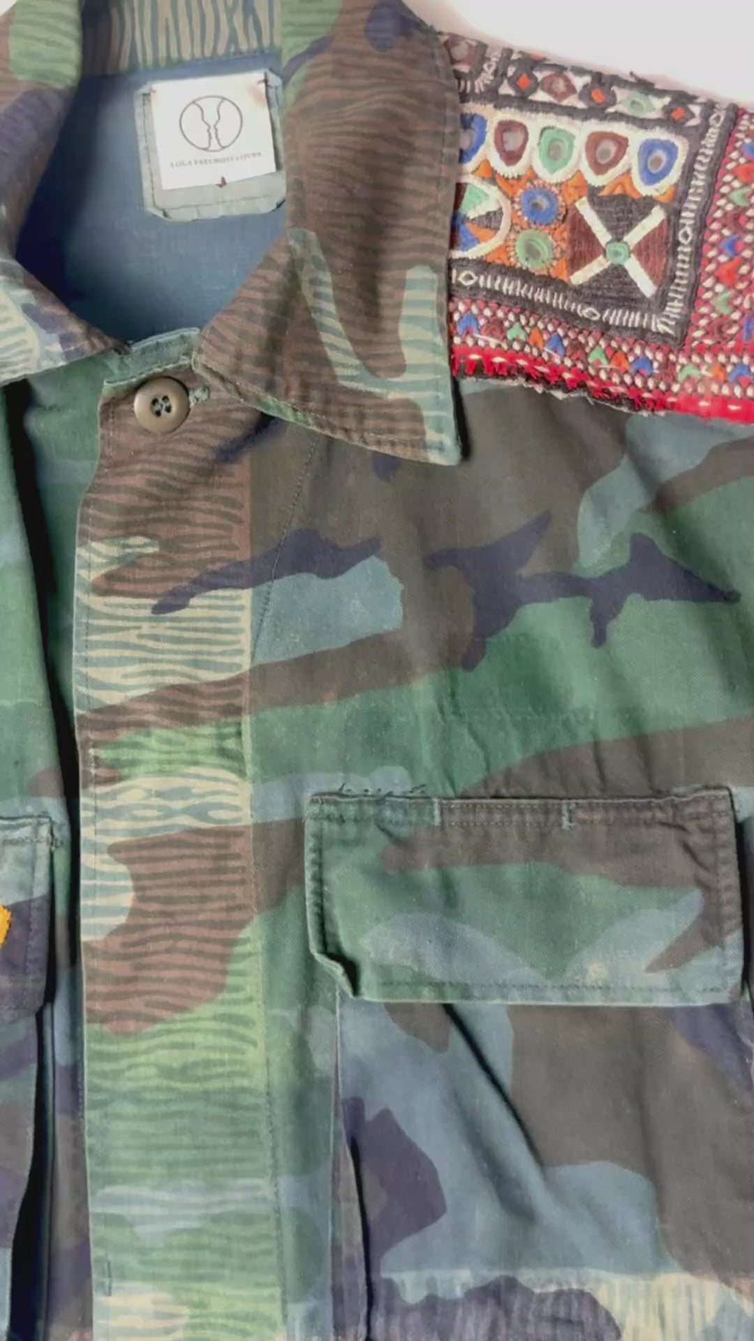 Exclusive handmade vintage army jacket with natural dye, Kutch block print, and mirror embroidery