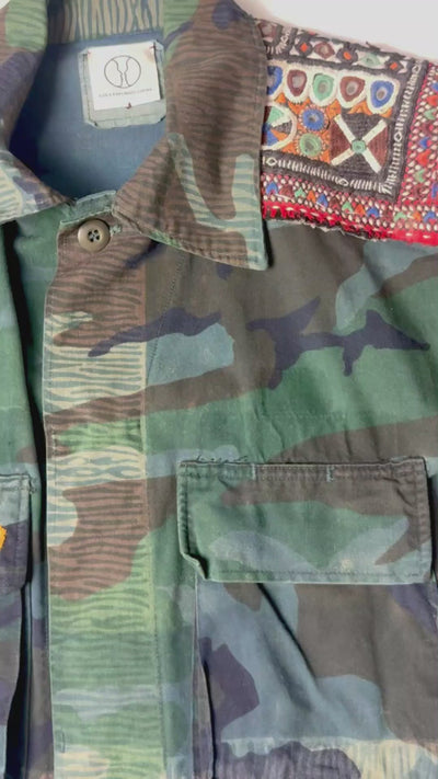 Exclusive handmade vintage army jacket with natural dye, Kutch block print, and mirror embroidery