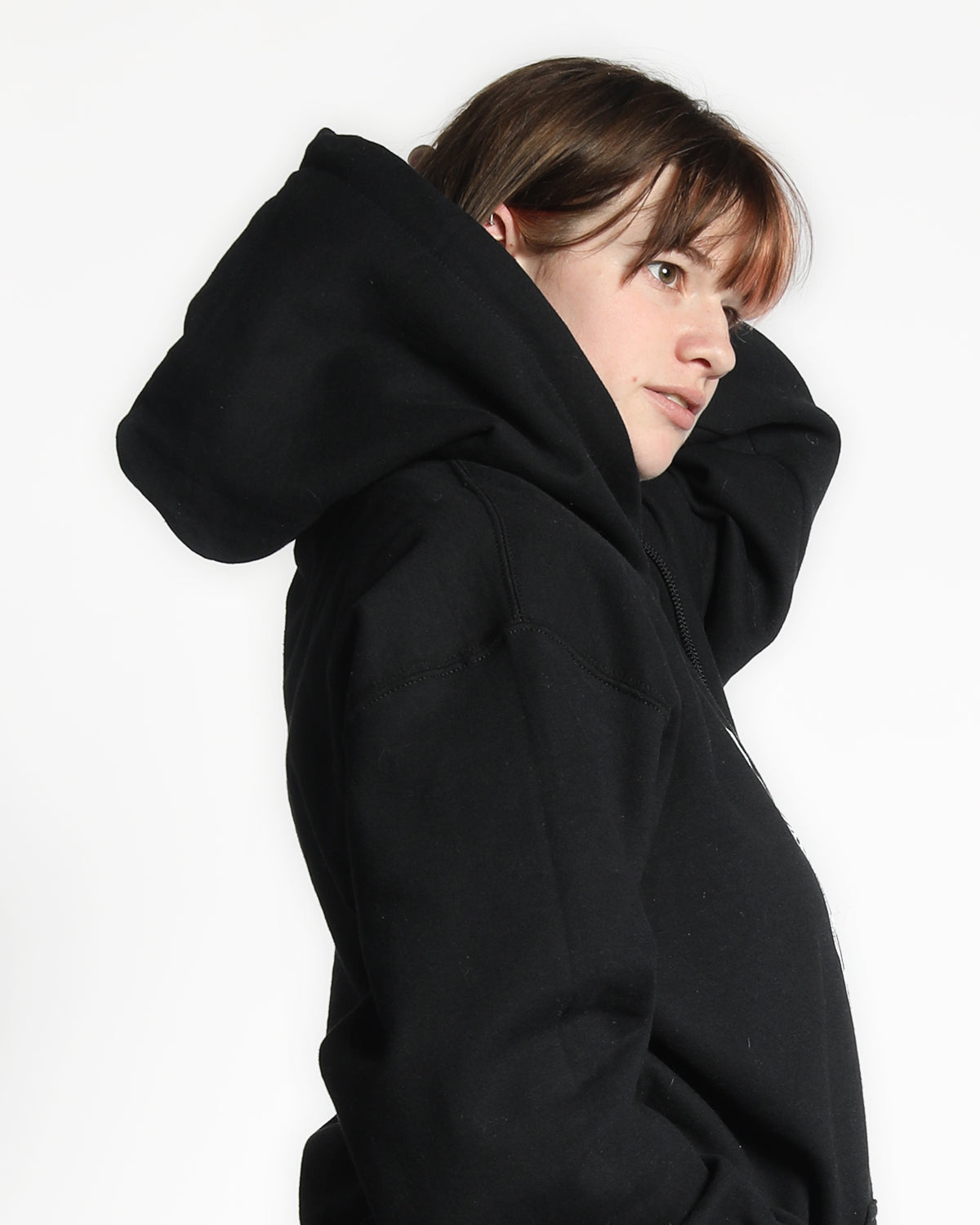model wearing black Market ladies hoodie