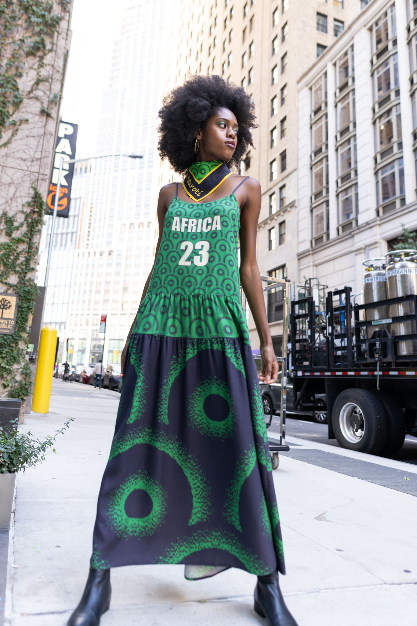 model wearing sustainable fashion forward dress - Lola Faturoti's African Appare