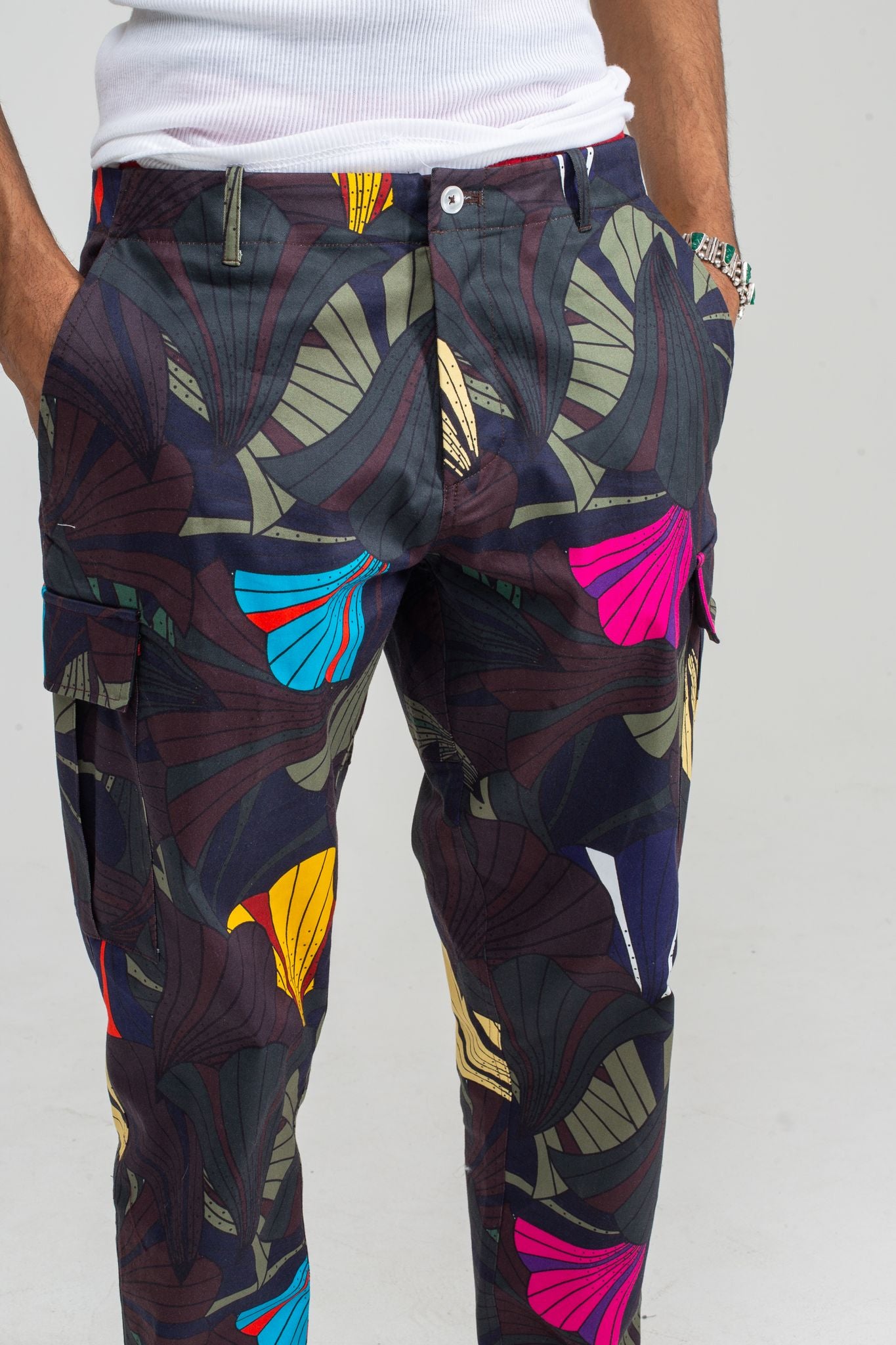 sustainable forest flower Cargo Pants  close up